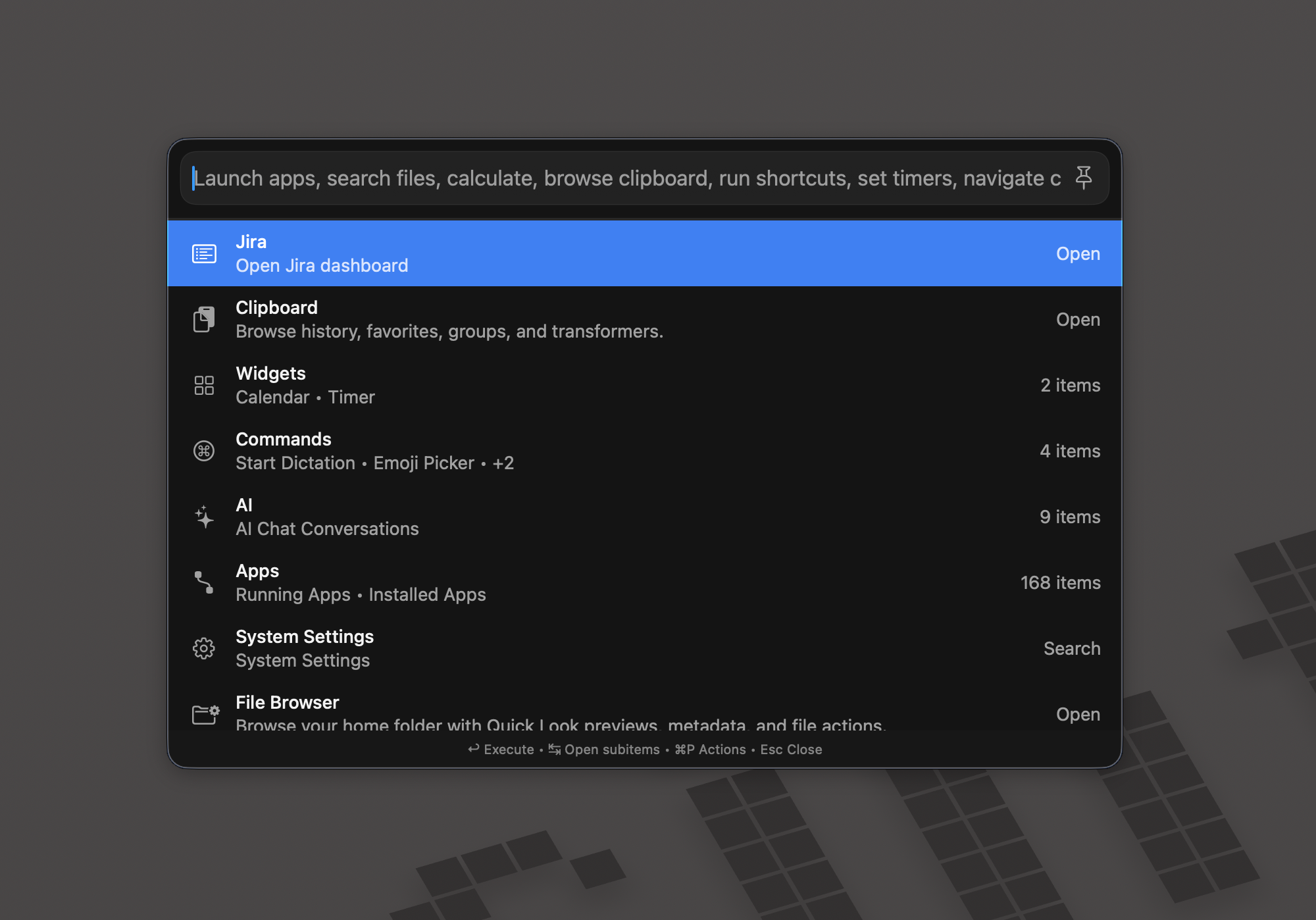 The BTT launcher showing Jira, Clipboard, Widgets, Commands, AI, Apps, System Settings, and File Browser in a single prompt interface