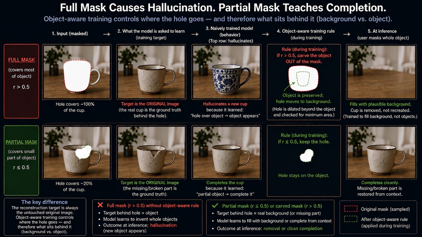 Two-row diagram contrasting a full mask over a cup (r > 0.5), which a naive model fills by hallucinating a new cup, with a partial mask (r ≤ 0.5), which the model completes. It shows the object-aware rule: carve the object out of the mask when r > 0.5 so the target behind the hole is background, and keep the hole when r ≤ 0.5 so the target is the missing part. The result at inference is removal in the first case and clean completion in the second.