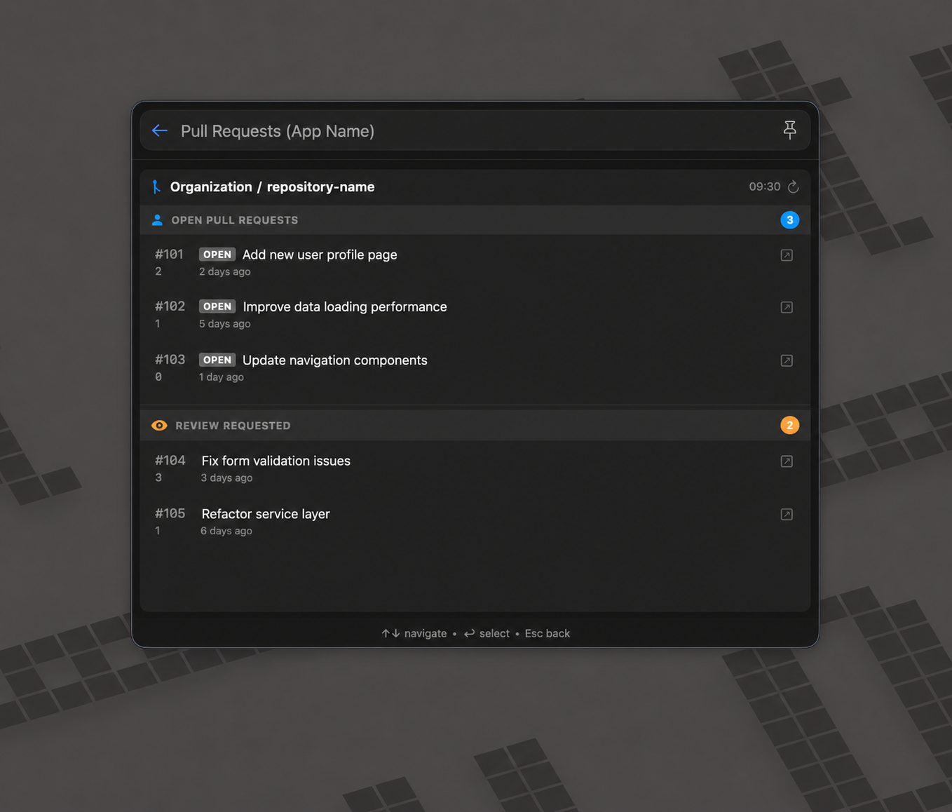 GitHub PR Search plugin showing open and review-requested pull requests grouped by repository
