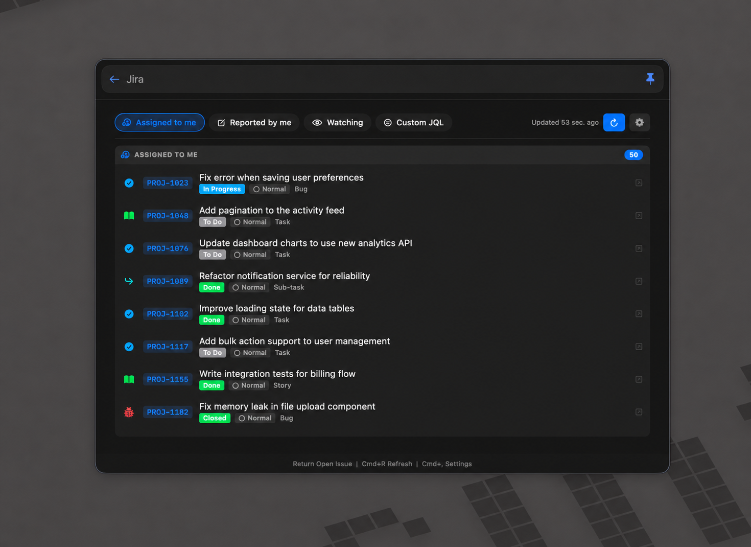 Jira Issue Browser showing assigned issues with status badges, priority labels, and issue types