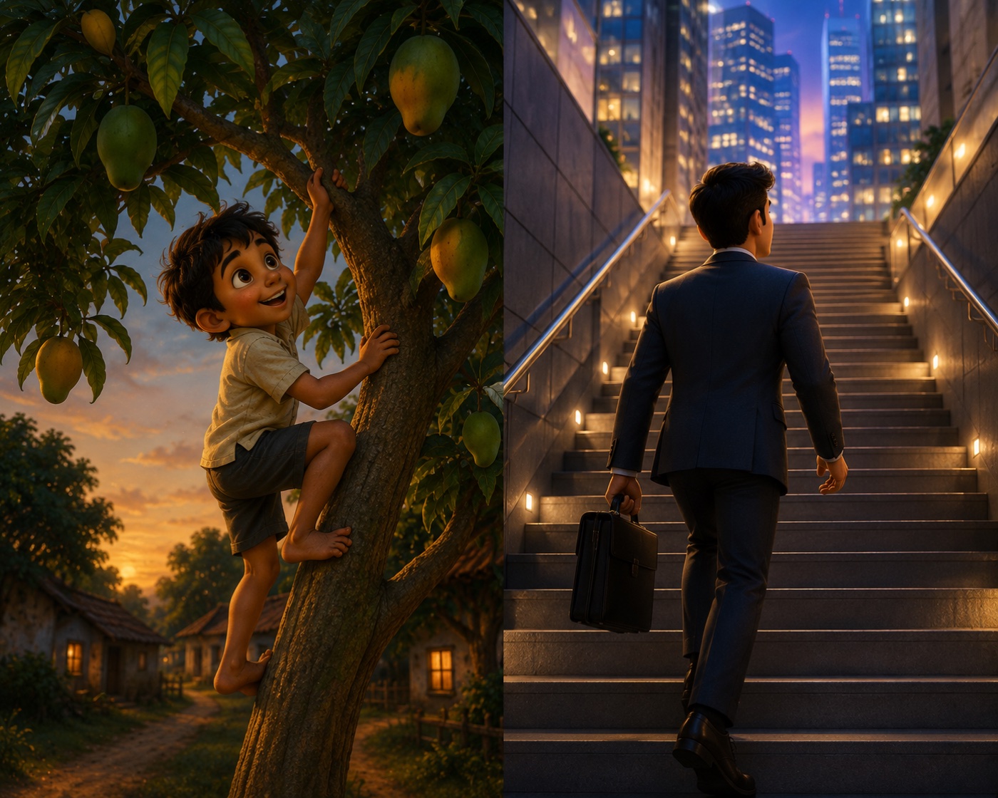 Split image: a boy climbing a mango tree in a village on the left, a man in a suit climbing city stairs with a briefcase on the right