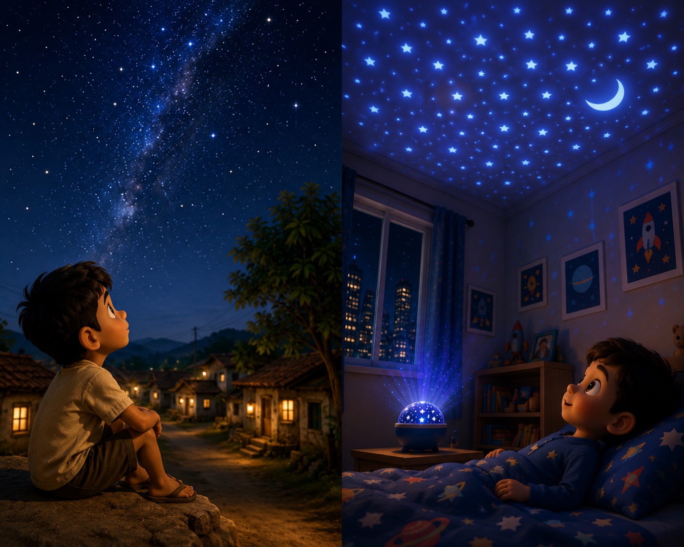 Split image: a boy watching a sky full of stars from a village rooftop on the left, a child in a city bedroom under a plastic star projector on the right